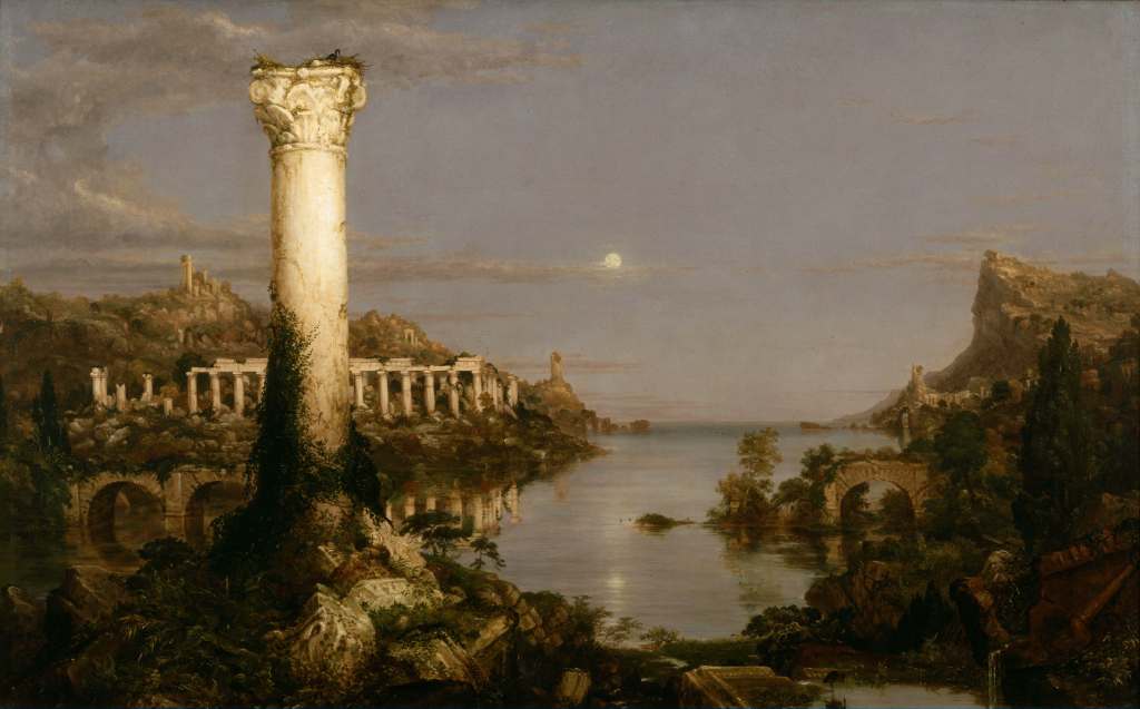 A serene landscape featuring a ruined column in the foreground, with remnants of classical architecture and a body of water reflecting the sky, evoking themes of desolation and the passage of time.