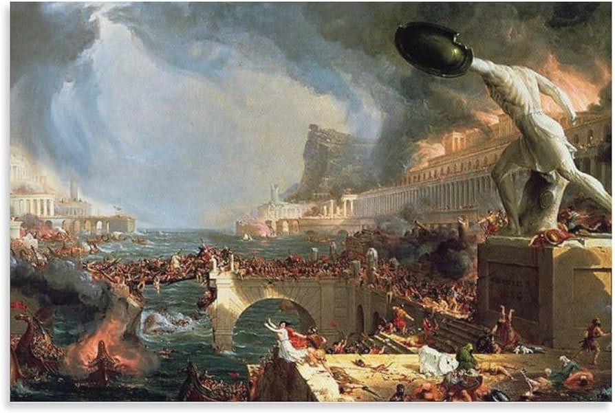A dramatic painting depicting chaos and destruction, with a massive statue of a figure holding an object amidst stormy skies and tumultuous waters, symbolizing the fall of an empire.